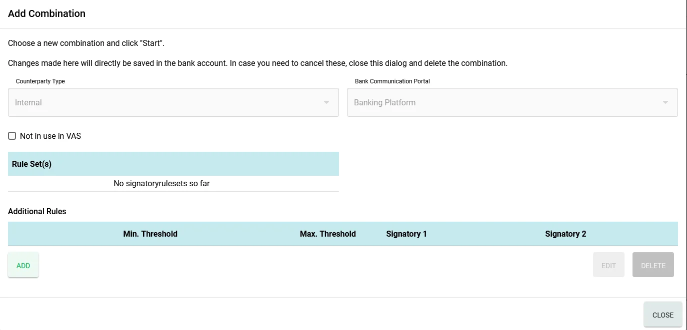 Add Combination dialog with rule sets and additional rules