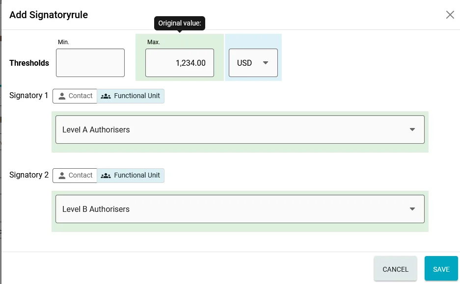 Add Signatory Rule dialog with highlighted field