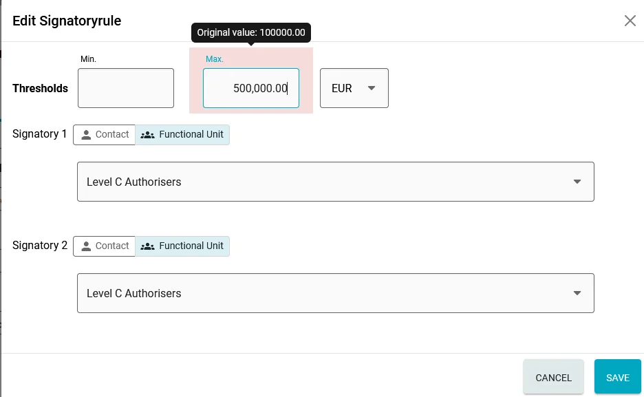 Edit Signatory Rule dialog showing the original value